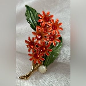 Vintage Enamel Orange Flower and Rhinestone Pin / Brooch